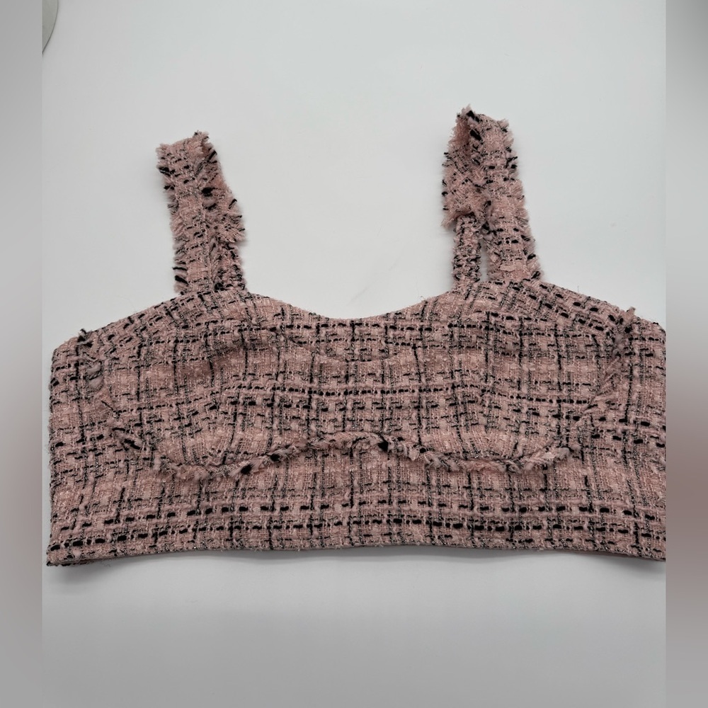 NWT Wild Fable Pink Black & Metallic Tweed Boucle Tiny Cropped Tank Top Sz L